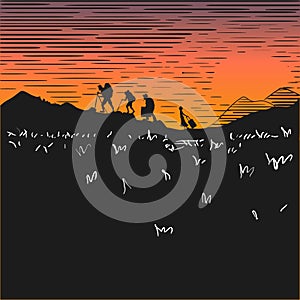 Comic strip. Tourists at night climb mountains. Sunset. Silhouettes of people against the background of the orange sky.