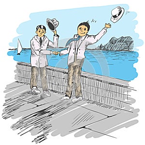 Comic strip. Two mens met by a sea. Friendly greeting.