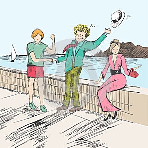 Comic strip. Two mens met by a sea. Friendly greeting. Peoples take off their hats as a sign of respect.