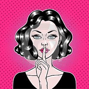 Comic style beautiful young woman holding a finger to her mouth in circle, secret, whisper, psst, pop art, vector illustration