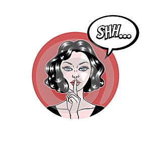 Comic style beautiful young woman holding a finger to her mouth in circle, secret, whisper, psst, pop art, vector illustration photo