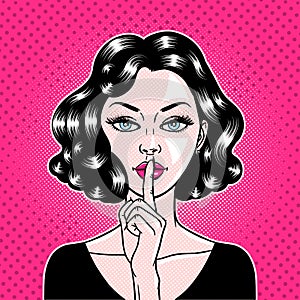 Comic style beautiful young woman holding a finger to her mouth in circle, secret, whisper, psst, pop art, vector illustration photo