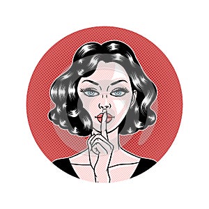 Comic style beautiful young woman holding a finger to her mouth in circle, secret, whisper, psst, pop art, vector illustration photo