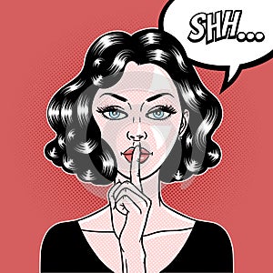 Comic style beautiful young woman holding a finger to her mouth, secret, whisper, psst, pop art, vector illustration