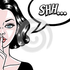 Comic style beautiful young woman holding a finger to her mouth, secret, whisper, psst, pop art, vector illustration photo