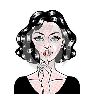 Comic style beautiful young woman holding a finger to her mouth, secret, whisper, psst, pop art, vector illustration photo