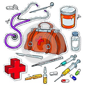 Comic style icons, sticker of medical tools, doctor bag