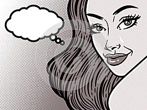 Comic style pop art girl face close-up with speech bubble cloud, beautiful woman, vector illustration