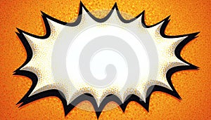 Comic style speech bubble with white blank space for text. Explosion shape on dotted orange background. Retro pop art graphic