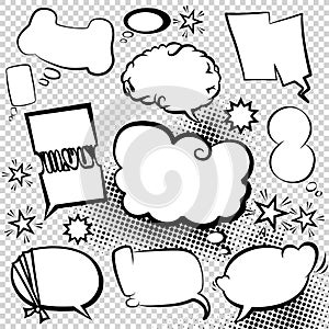 Comic style speech bubbles collection. Speech balloons and elements set with halftone shadows. Funny vector design