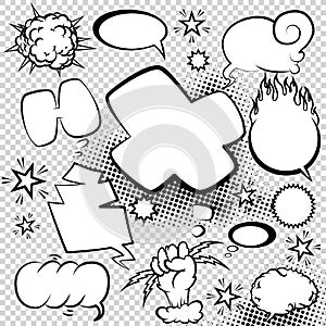 Comic style speech bubbles collection. Speech balloons and elements set with halftone shadows. Funny vector design