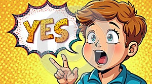 Comic style surprised boy with speech bubble saying yes