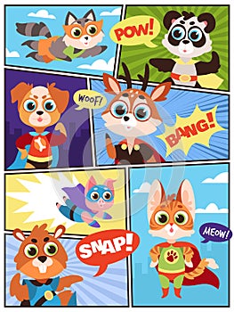 Comic super animals. Comics storyboard with funny costumed masked beasts superheroes and speech bubbles. Kids heroes