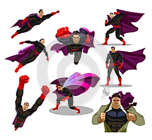Comic superhero actions in different poses. Male super hero vector cartoon characters.