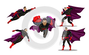 Comic superhero actions in different poses. Male super hero vector cartoon characters. Vector illustration.