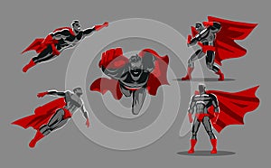 Comic superhero actions in different poses. Male super hero vector cartoon characters. Vector illustration.