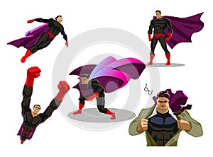 Comic superhero actions in different poses. Male super hero vector cartoon characters. Vector illustration.