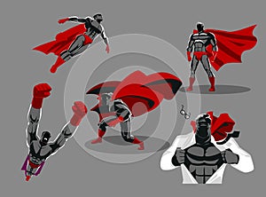 Comic superhero actions in different poses. Male super hero vector cartoon characters. Vector illustration.