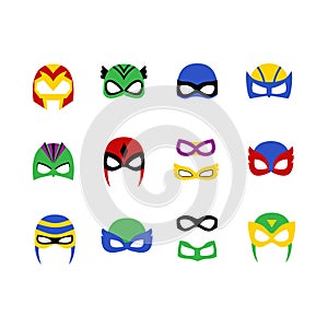 Comic superhero man and women  masks set vector illustration