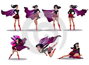 Comic superwoman actions in different poses. Female superhero vector cartoon characters. Illustration of superhero woman cartoon