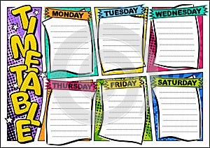 Comic template of a school schedule for 6 days of the week