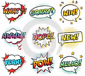 Comic text effect what, sorry, win, awww, nope new, yeah, pow, hello