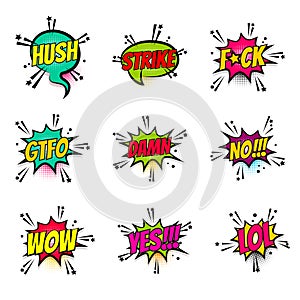 Comic text speech bubble pop art set damn