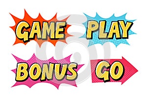 Comic text vector icons. Lettering such as Game, Play, Go, Bonus photo