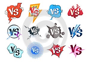 Comic versus logos. VS pop art retro game concept, cartoon fight bubble template, boxing competition. Vector versus