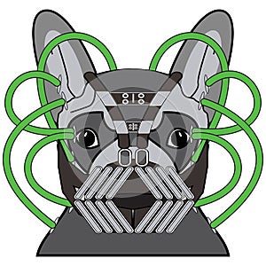 Comic Villain symbol in dark gray costume, with metal mask green pipes as a French bulldog character