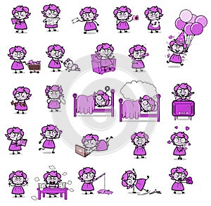 Comic Vintage Intelligent Girl - Set of Concepts Vector illustrations