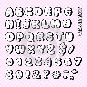 Comic vintage marker graffiti font, plump alphabet in the contour cartoon style, balloon uppercase Latin letters and