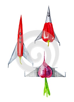 Comic watercolor illustration of fighter planes in the form of vegetables,chili,radish and red pepper. Isolated on white