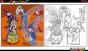 comic witches fantasy characters group coloring page