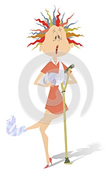 Comic woman with bandage and crutch isolated on white illustration