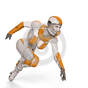 Comic woman in a sci fi outfit in action side view