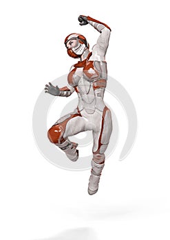 Comic woman in a sci fi outfit doing a jump attack