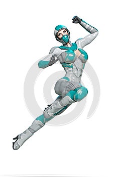 Comic woman in a sci fi outfit doing a jump attack side view