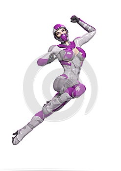 Comic woman in a sci fi outfit doing a jump attack side view