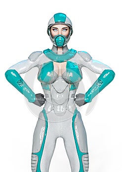 Comic woman in a sci fi outfit doing a power pose