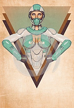 Comic woman in a sci fi outfit doing a power pose vintage poster background
