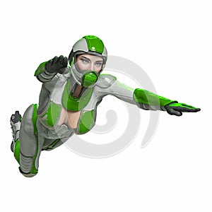 Comic woman in a sci fi outfit jumping