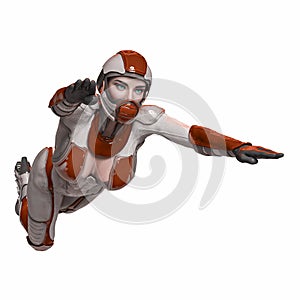 Comic woman in a sci fi outfit jumping