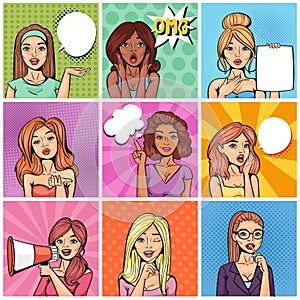 Comic woman vector popart cartoon girl character speaking bubble speech or comicgirl illustration female set of