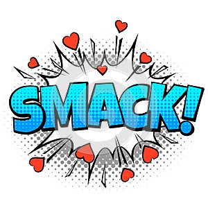 Comic word smack. Vintage cartoon pop vintage speech bubble with halftone dotted shadow and hearts. Sound effect in blue