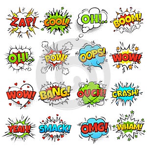 Comic words. cartoon boom crash speech bubble funny elements and kids sketch stickers vector icons set