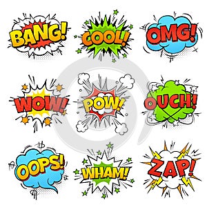 Comic words. Cartoon speech bubble with zap pow wtf boom text. Comics pop art balloons vector set