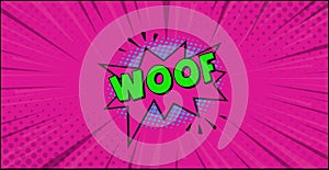 Comic zoom inscription WOOF on a colored background - Vector