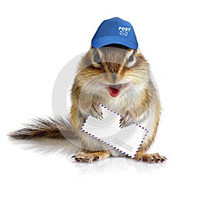 Comical chipmunk postman, on white
