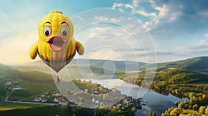 A comical hot air balloon in the shape of a giant rubber ducky,